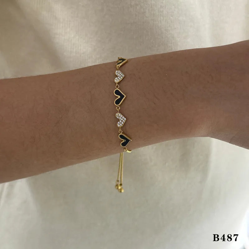 Black Enamel & CZ Heart Chain Bracelet – 18K Gold Plated