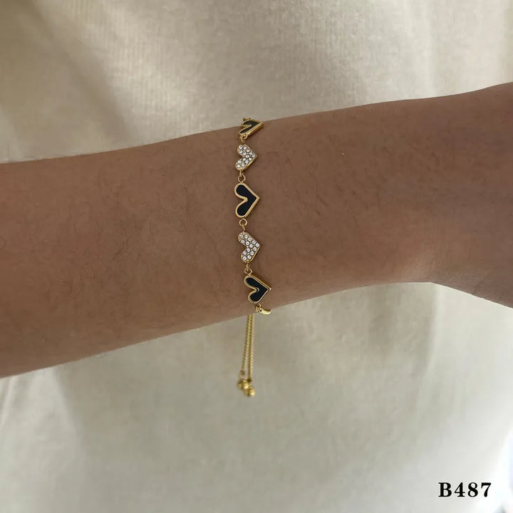 Black Enamel & CZ Heart Chain Bracelet – 18K Gold Plated