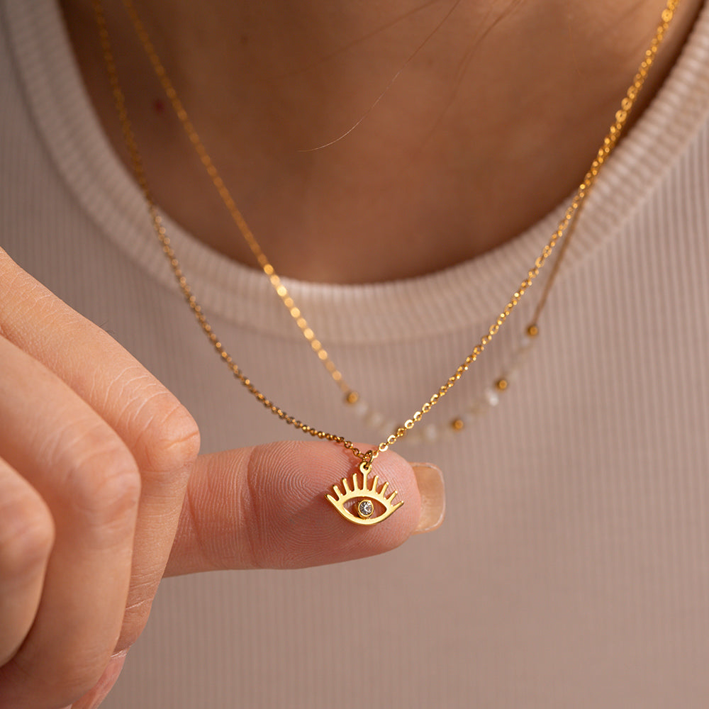 Evil Eye & Bead Layered Necklace – 18K Gold Plated