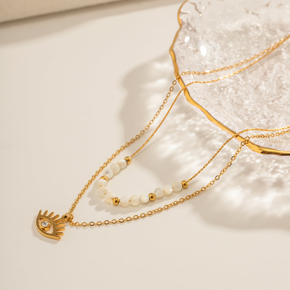 Evil Eye & Bead Layered Necklace – 18K Gold Plated