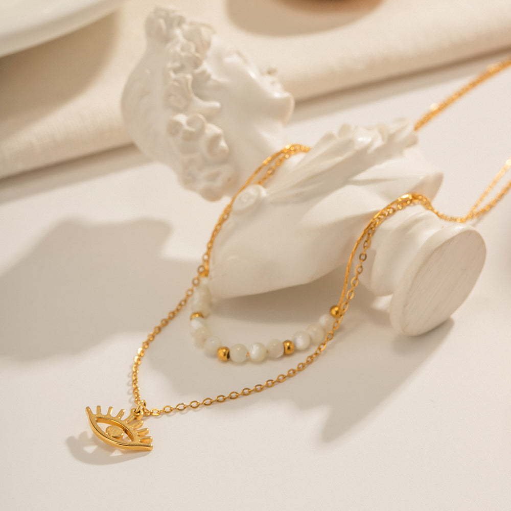 Evil Eye & Bead Layered Necklace – 18K Gold Plated