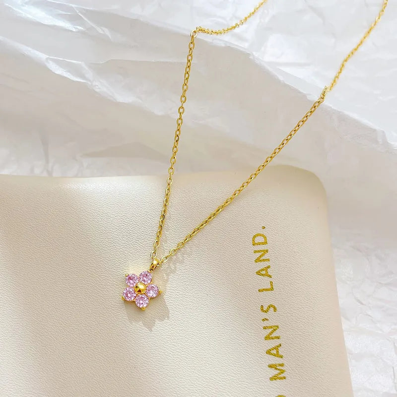 Delicate Pink Flower Pendant Necklace - 18K Gold Plated