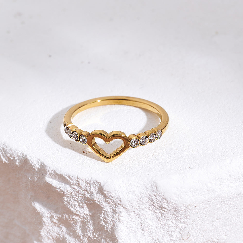 Dainty Open Heart Ring with Crystals - 18K GOLD PLATED